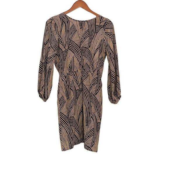 Amanda Uprichard Faux Wrap Silk Mini Dress 3/4 Sleeve Geometric Black Tan Small - Picture 8 of 10